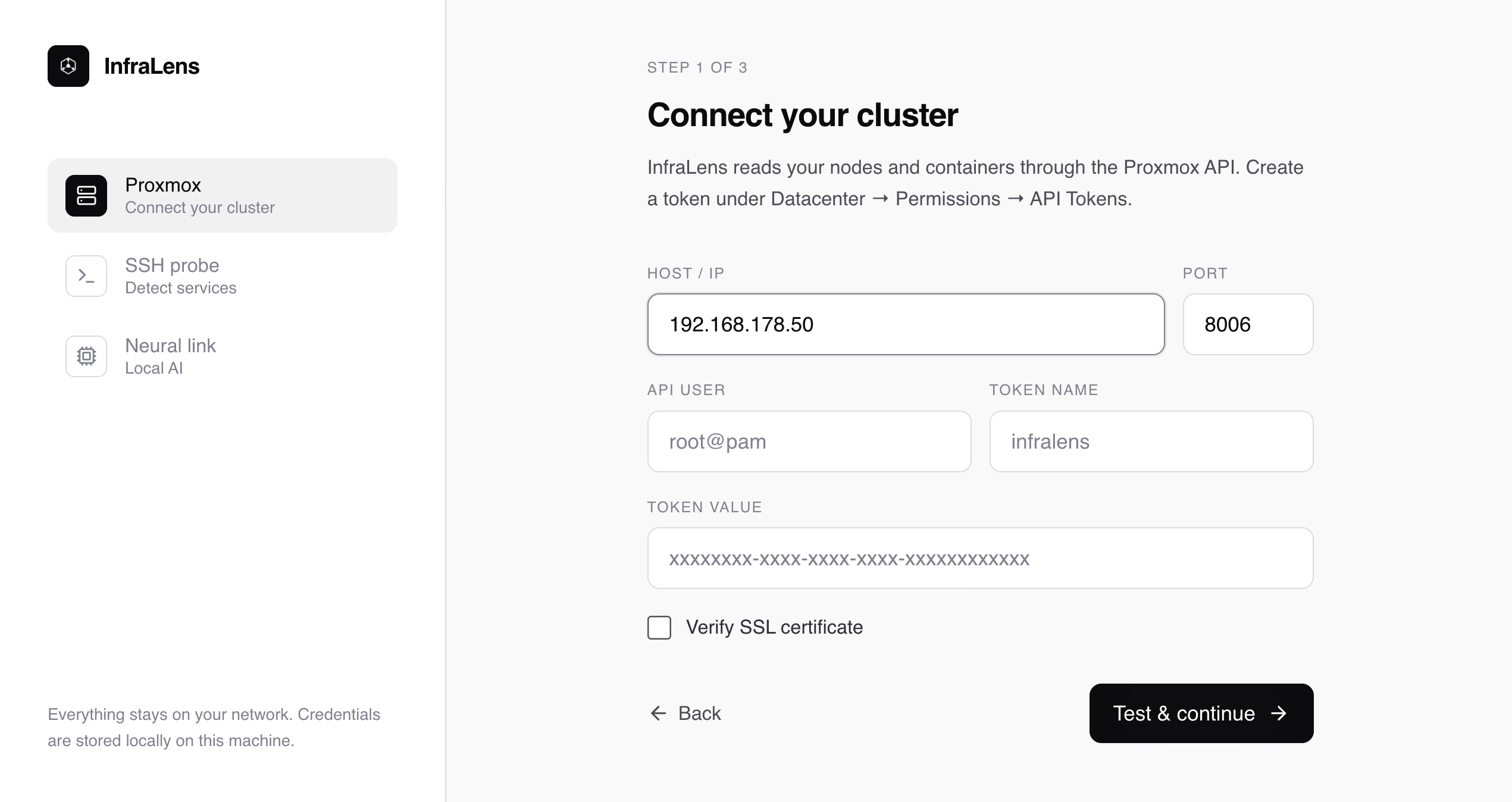 First-run setup, step 1 of 3: Connect your cluster, with host 192.168.178.50 and port 8006 filled in, fields for API user, token name and token value, and SSH probe and Neural link listed as the next steps.