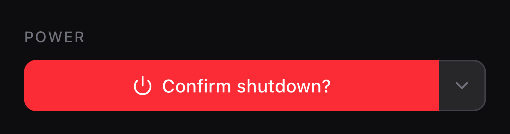 Power controls after one click on Shutdown: the button has turned red and asks Confirm shutdown?