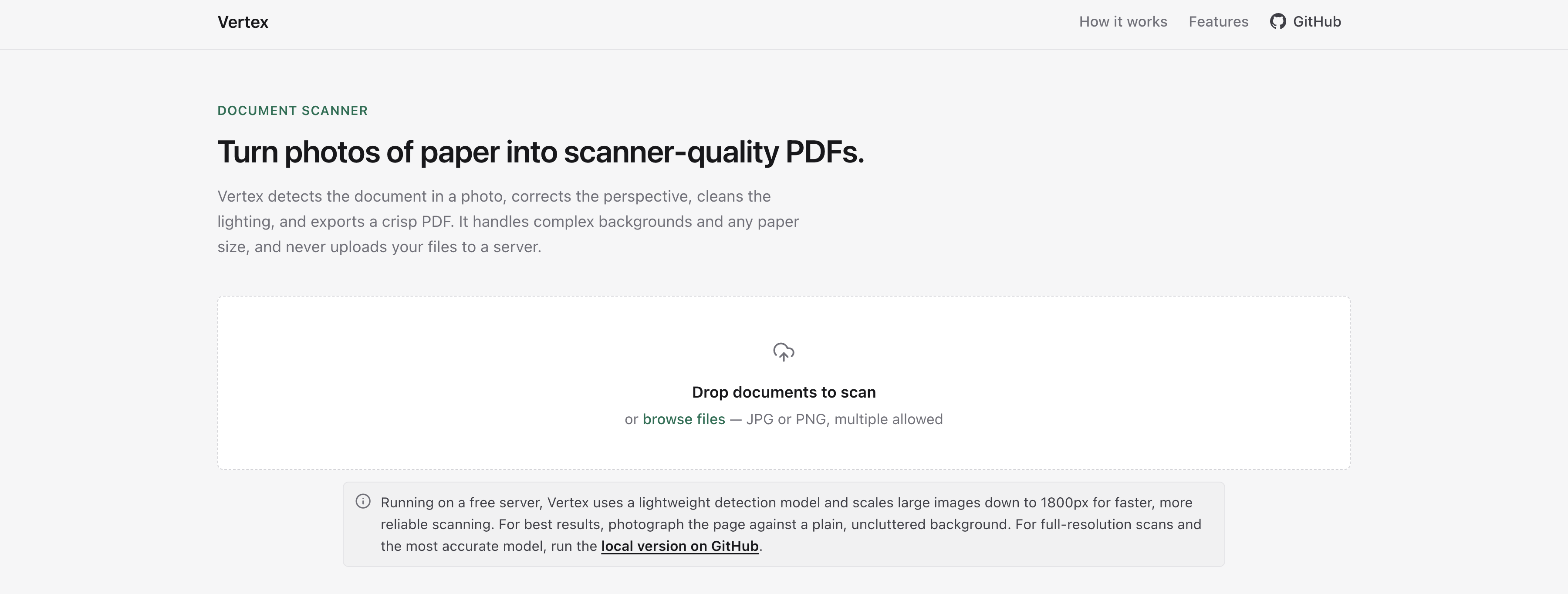 Vertex turning a document photo into a clean scan